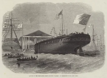 Te water laten van de Portugese Schroefkorvet Sagres, in Limehouse