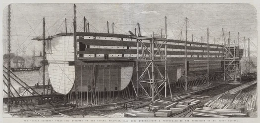 De bouw van het stoomschip Great Eastern op de stocks, Millwall, 22.500 ton
