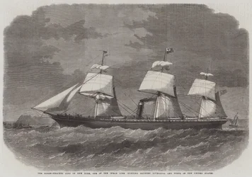 De schroefstoomboot City of New York, een van de Inman Line die tussen Liverpool en havens van de Verenigde Staten vaart