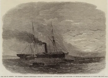 De oorlog in Amerika, de federale stoomboot Chesapeake, in beslag genomen door de Confederates, bemanning en passagiers aan land gezet bij Musquash Harbour, Bay of Fundy