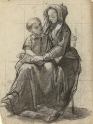 Moeder en Kind, schets voor Ondertekening van het Verdrag in de Hut van de Mayflower