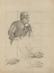 Zittende Man en Studie van Handen, schets voor Ondertekening van het Verdrag in de Hut van de Mayflower