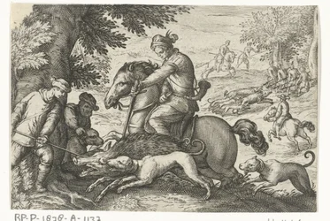 Heuvelachtig landschap met jacht op wilde zwijnen