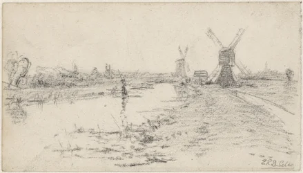 Landschap met rivier en twee molens