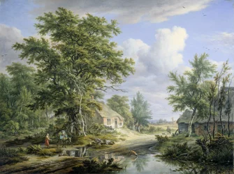 Boerderijen aan de rand van een bos