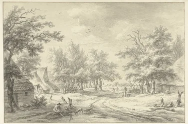 Landschap met enkele boerderijen en figuren