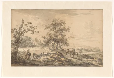Vrouw met kind en man met ezel in landschap