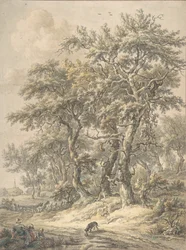 Vrouw en kind zittend naast een weg, 1760-1818