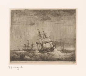 Zeilschepen en een raderstoomschip op zee