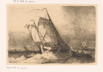 Zeilschepen en een roeiboot op onrustige zee