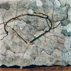 Herfstboom in een turbulente lucht. Schilderij van Egon Schiele, olie op doek