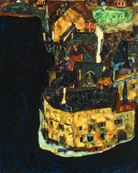 Stad aan de Blauwe Rivier II ... (olieverf en gouache op hout)
