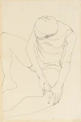 Vrouwelijk Naakt Voorovergebogen, Beide Handen op Linker Dij, 1913