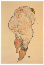 Vrouwelijk naakt dat kousen optrekt, achteraanzicht, 1918