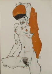 Vrouwelijk naakt met oranje-rode doek, 1914
