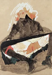 Meisje in zwarte jurk met gespreide benen, 1910