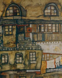 Huismuur bij de rivier (olieverf op doek)