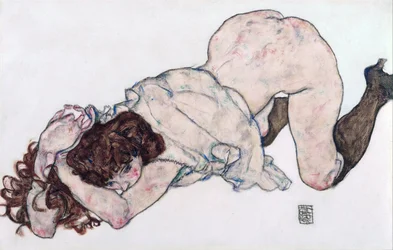 Knielend meisje, rustend op beide ellebogen - 1917 - 28,7x44,3 - Leopold Museum, Wenen