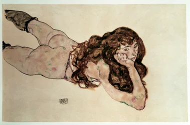 Naakte vrouw met platte buik. Tekening door Egon Schiele