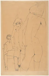 Schiele met naakt model voor de spiegel, 1910
