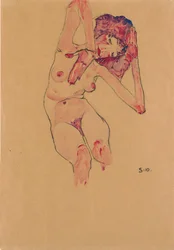 Zittend vrouwelijk naakt met gebogen hoofd en geheven armen, 1910