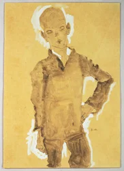 Staande jongen, linkerhand op de heup (gouache, aquarel en potlood met wit gehoogd)