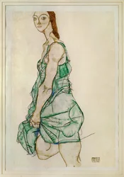 Staande vrouw in groen shirt (gouache, aquarel  potlood)