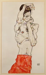 Staand mannelijk naakt met rode lendendoek (gouache, aquarel en potlood)