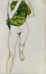 Stappende torso in groen overhemd (gouache, aquarel  potlood)