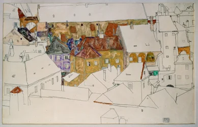 De gele stad (gouache, aquarel en potlood)