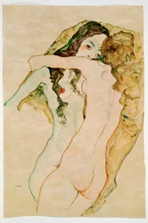 Twee omhelzende vrouwen (aquarel en potlood)