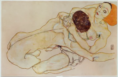 Twee meisjes - Liefhebbend paar ... (gouache en potlood)