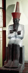 Egyptische oudheid: standbeeld van farao Montuhotep II. 11e dynastie. Uit Deir el Bahari. Dim. 83 cm. Caïro, Egyptisch Museum