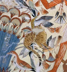 Detail van een kat, uit Nebamun die met zijn vrouw en dochter in de moerassen jaagt, deel van een muurschildering uit de grafkapel van Nebamun, Thebe, Nieuwe Rijk, ca. 1350 v.Chr.
