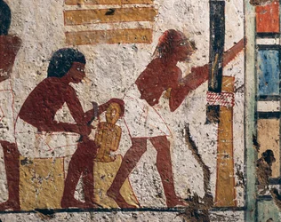 Egypte, Luxor, West-Thebe, Vallei der Edelen. Graf van Nenamon en Ipuki. Fresco die timmerlieden aan het werk toont. (Nieuwe Koninkrijk, Dynastie XVIII)