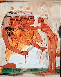 Egyptische kunst: Graf van Nakht. Toilet: dienstmeid helpt drie vrouwen met het dragen van sieraden voor het begrafenisbanket