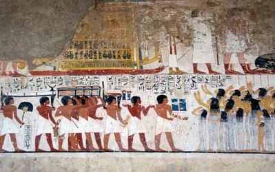 Egyptische oudheid: dragers van offers en rouwenden. Fresco van het graf van de vizier Ramose (18e dynastie)