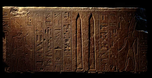 Egyptische oudheid: detail van een gegraveerd fresco met koningin Hatsjepsoet (links) en twee obelisken bij de tempel van Amon - Jaar 15 van haar regering (1475-1468 v.Chr.) 18e dynastie - Luxor, Egyptisch Kunstmuseum