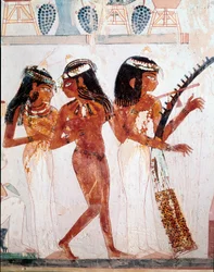 Egyptische oudheid: musici. Graf van Nakht. 18e dynastie. 1410 v.Chr. Necropolis van Gournah (Sheikh Abd al-Gournah), Egypte