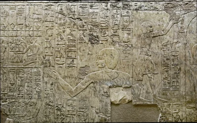 Egyptische antiquiteit: representatie van dragers van offers. Laag reliëf van het graf van de vizier Ramose (18e dynastie). Luxor, Thebe, Vallei der Edelen Egypte