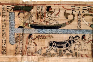 Egyptische antiquiteit: de naam van de overledene Aner vertegenwoordigt op de boot van Osiris, scène van ploegen en wegen van zielen (psychostase). Papyrus uit een Dodenboek, 20e dynastie, uit Thebe. Turijn, Egyptisch museum