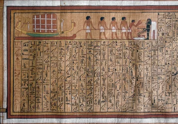 Egyptische antiquiteit: het transport van de katafalk naar het graf. Papyrus. Dodenboek van Kha. 18e dynastie