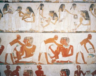Begrafenisfeest, mannen en vrouwen die sieraden aandoen, fresco, Tombe van Rekhmire (TT100), Sheikh Abd el-Qurna, Thebe (Unesco Werelderfgoedlijst)