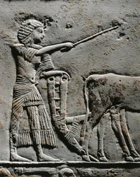 Horemheb ploegt land in de Velden van Iaru, reliëf uit het graf van Horemheb in Saqqara (detail)