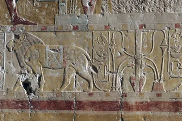 Leeuw, reliëf, dodentempel van Hatsjepsoet, Deir el-Bahari, Thebaanse Necropolis (UNESCO Werelderfgoedlijst)
