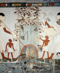 Menna en zijn familie vissen en jagen in de moerassen van de Nijl, detail van fresco