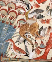 Nebamun op jacht in de moerassen met zijn vrouw en dochter, deel van een muurschildering uit de grafkapel van Nebamun, Thebe, Nieuwe Koninkrijk, ca. 1350 v.Chr. (detail)