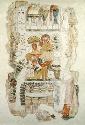 Nebamun ontvangt offers van zijn zoon, uit het graf van Nebamun, ca. 1350 v.Chr.