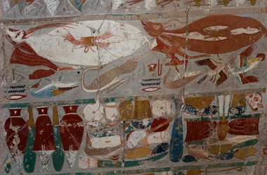 Geschilderd bas-reliëf, Dodentempel van Koningin Hatsjepsoet, Djeser-Djeseru (Heilige der Heiligen), Deir el-Bahri, Luxor, Thebe (UNESCO Werelderfgoedlijst)