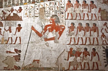 Schildering die het graf van Rekhmire decoreert, afgebeeld omringd door zijn dienaren (fresco)